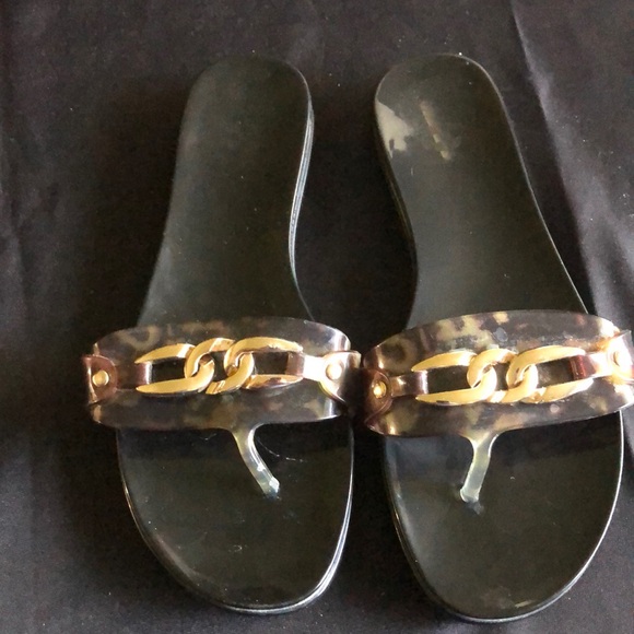 Vince Camuto Evolet Jelly Thong Flip Flops Tortoise Gold Accents - Picture 1 of 6